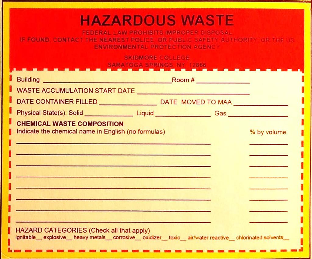 Appendix A: Instructions for Completing Hazardous Waste Labels A F D C B E G H I A = Building name where the waste was created B = Room number of the lab where the waste was created C =