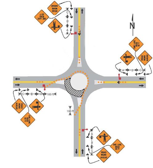 29 Short Term or Short Duration Work in a Roundabout (T-13Y) For closures that will stop flow of traffic through a roundabout, which includes closure of either lane in a single lane roundabout or a