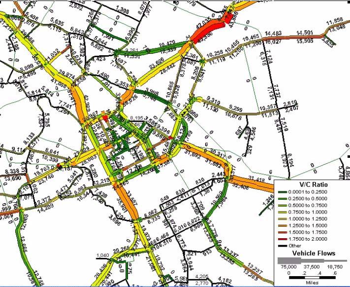 FIGURE 29.2-3 RESULTS OF TRAFFIC FLOW SIMULATION INSIDE THE CBD AND ITS VICINITY IN 2004 The following definition of Level of Service (LOS) in Table 29.2-2 is applied for assessment. TABLE 29.