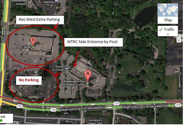 Parking: In the event parking fills up in front of the Rec Center, please be aware that there is ample additional parking at Rec West (directly to the west of the Rec Center), on all sides of the