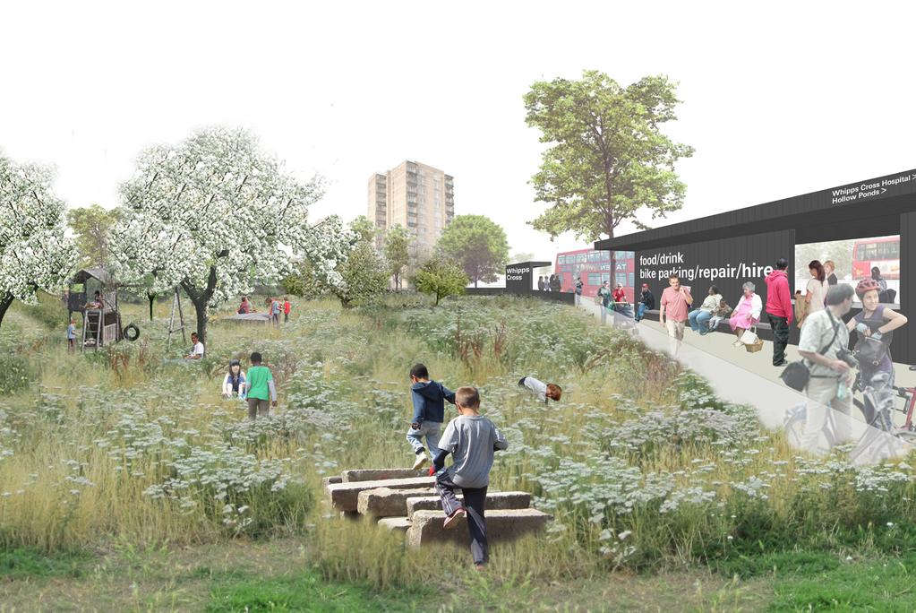 Section H: public space projects Project one: Community orchard and wild playspace The community orchard and playspace creates a pleasant place for bus passengers, Whipps Cross Hospital and Epping