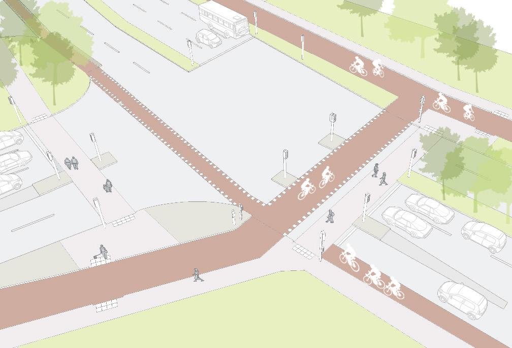 Cycling will be made safer, with clearly marked cycle tracks and crossing points, using coloured surfaces which will mark the space for cycling.