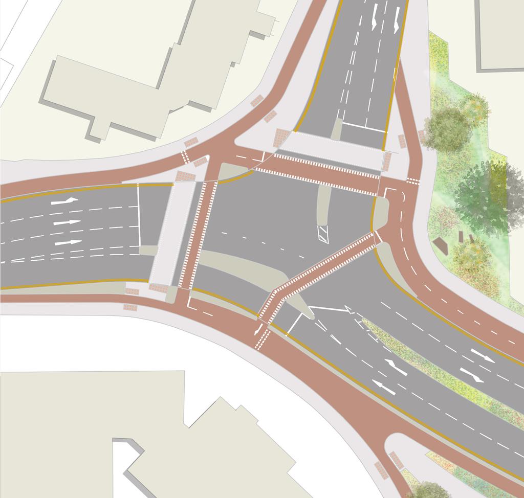Section H: road improvements Wood Street junction- a new cycling friendly design A new green bus hub The Wood Street side road junction becomes a new signalised junction with improved provision for