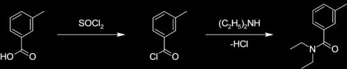 be prepared by chemically converting m-toluic acid (3-methylbenzoic acid) to the corresponding acyl chloride and allowing it to react with diethylamine (Wang, 1974; Pavia, 2004) (Figure 1).
