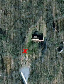 Figure 1: Site 1 Aerial Photograph of wooded residence (x indicates experiment location). Site 2 Selection Experimental chemical masking research Site 2 (38.330206 N, 77.