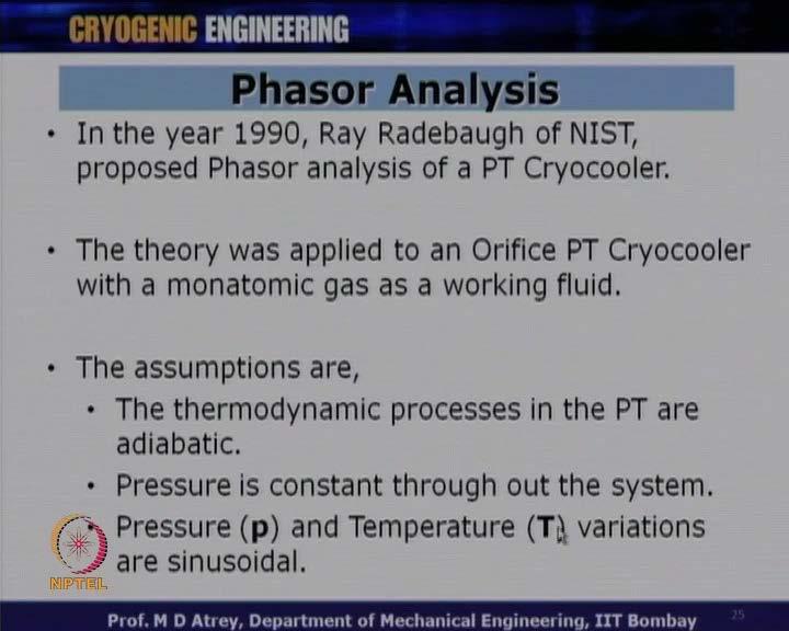 (Refer Slide Time: 32:10) So, let us come to Phasor analysis in the year 1990, Ray Radebaugh from NIST, proposed Phasor analysis of a pulse tube Cryocooler.