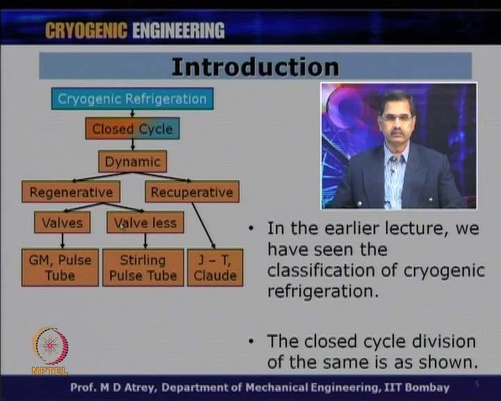(Refer Slide Time: 03:41) So, in the earlier lecture, we have seen the classification of cryogenic refrigeration and from here, we can find out where the GM