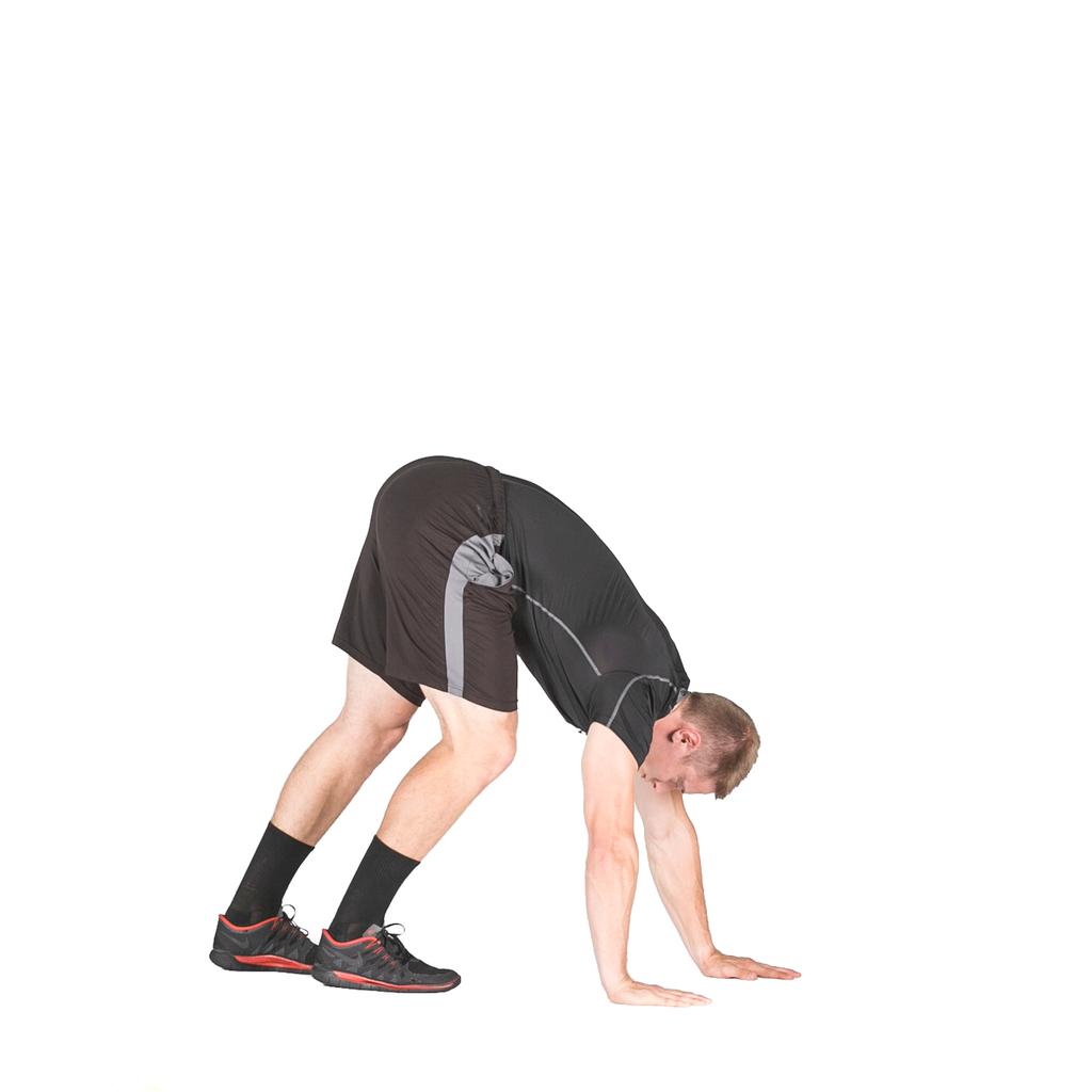 Knees will bend slightly as you bring feet forward, place the foot flat on the ground. Hips are high. 7. Then alternate with left foot and right hand forward. 4.