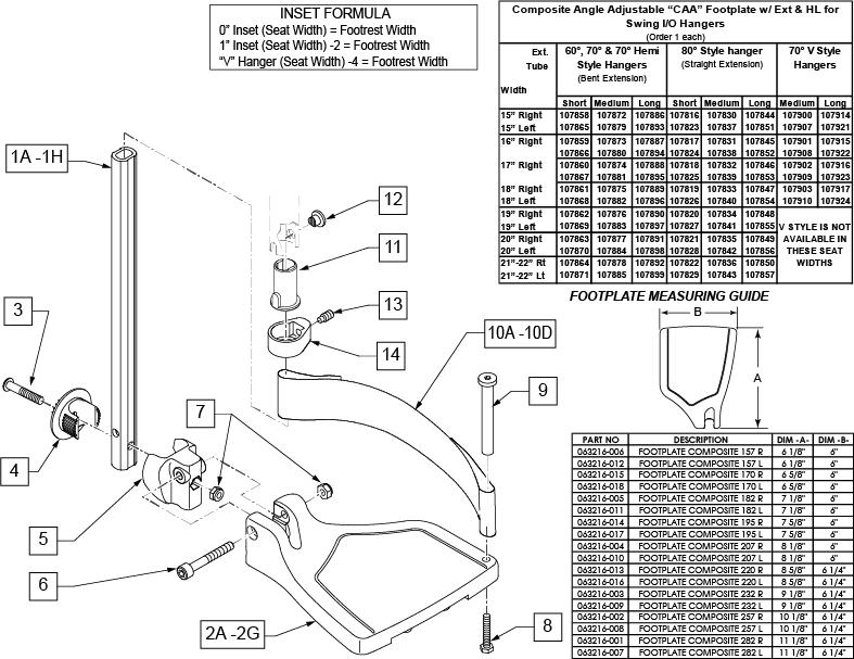 COMPOSITE ANGLE ADJUSTABLE FOOT PLATE [06/2014] NOTE: FOOTPLATE ASSEMBLIES ARE SET TO FOOTREST WIDTH. PLEASE SEE "FOOTPLATE FORMULA" TABLE FOR SEAT WIDTH CONVERSION. Pos.