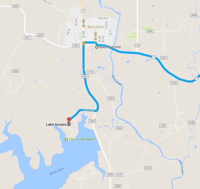 Race Location Birch Lake in Barnsdall, OK, Twin Coves Area - Google Map Location Driving Directions from Tulsa: Take HWY 75N to OK-20 Collinsville/Skiatook exit Turn left onto OK-20 W/ E 146th St N