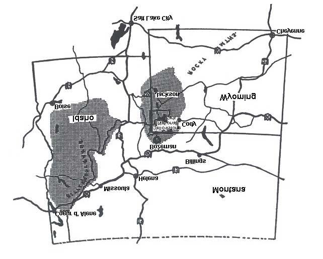 Purpose of and Need for Action Figure 1-1 Shaded portions indicate the approximate location of the Yellowstone National Park and central Idaho primary analysis areas for the FEIS FWS Policy The