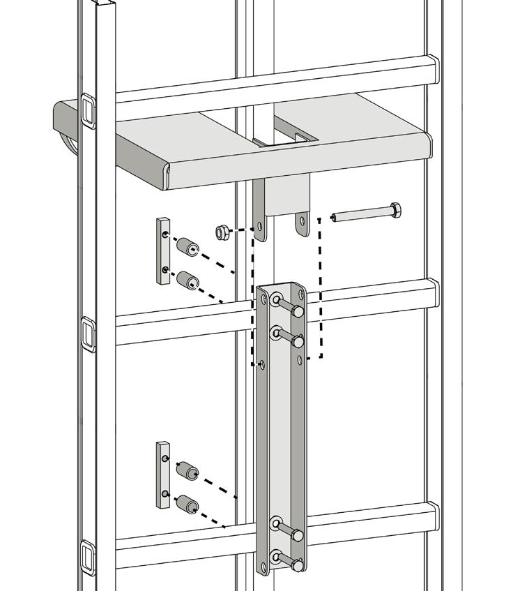 Rest platforms Rest platform on access ladders with a fall protection rail without drilled holes 1. Place the retaining rail over the two rungs and fix in place with the three screws. 2.