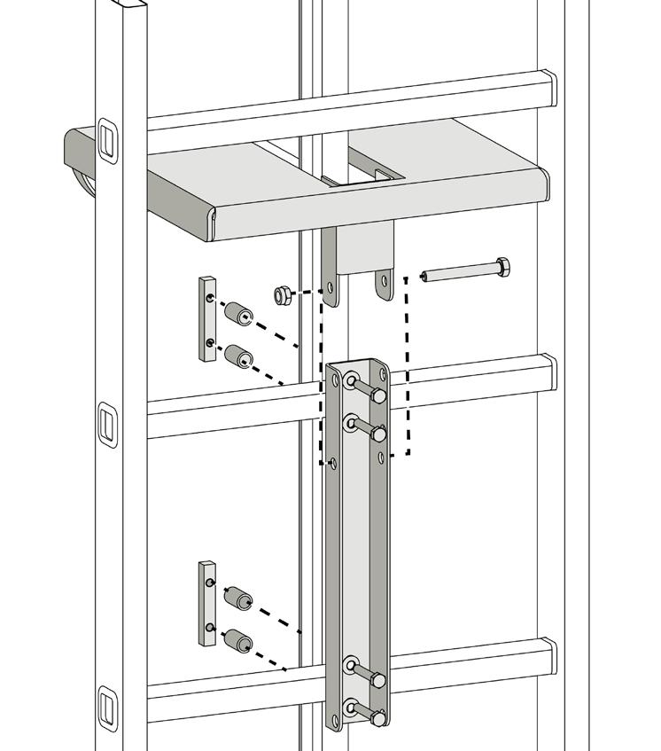 Resting platforms Resting platform on ladder with unperforated fall arrest rail 1. Place the support rail over both rungs and fasten with 3 screws. 2.