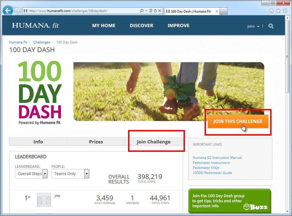 2. From your HumanaFit homepage, click the Join the 100 Day Dash graphic on the right side of the pageor you can visit www.humanafit.