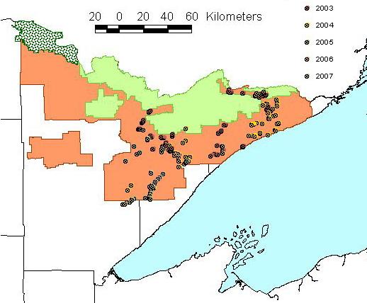 Figure 1. Locations of Canada lynx traps in and near Superior National Forest in 2003 to 2009, with the extent of 2008 and 2009 trap locations circled.