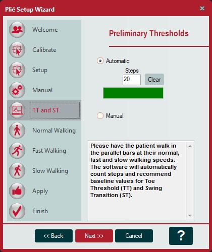 Plié 3 MPK TT and ST To set preliminary thresholds for Toe Threshold and Swing Transition Begin walking the patient: It automatically begins counting steps Sets TT