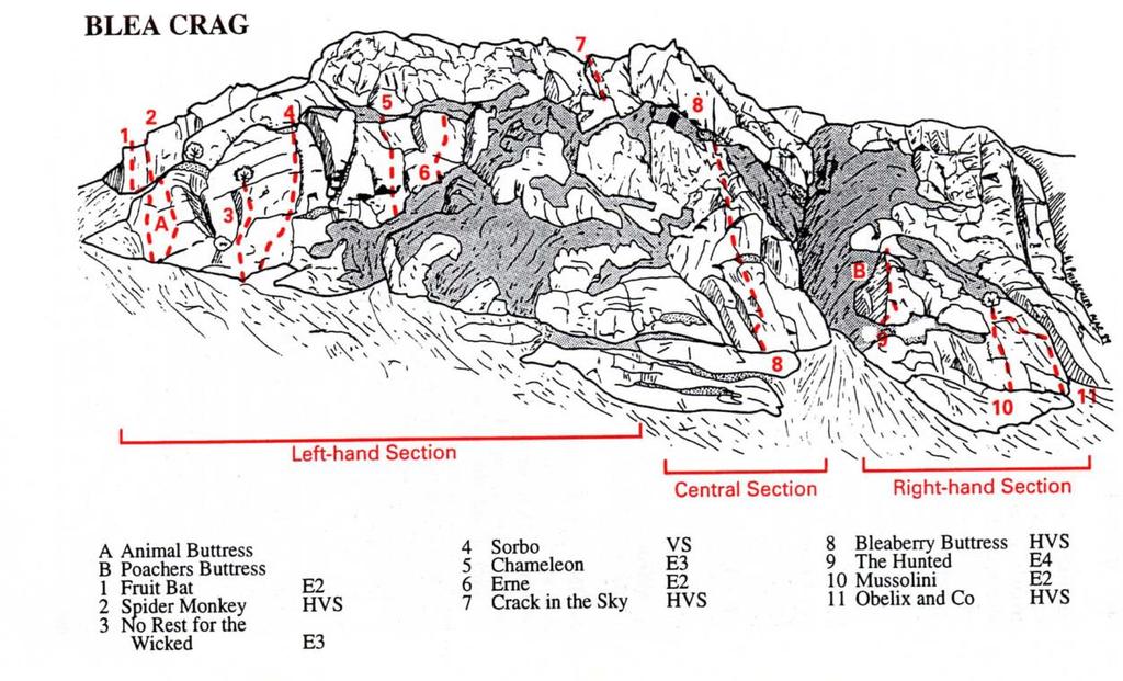 BLEA CRAG 450M NY 302 080 N & NE The following information is taken from the 1999 edition of Langdale. No routes or star ratings have been checked since that edition.