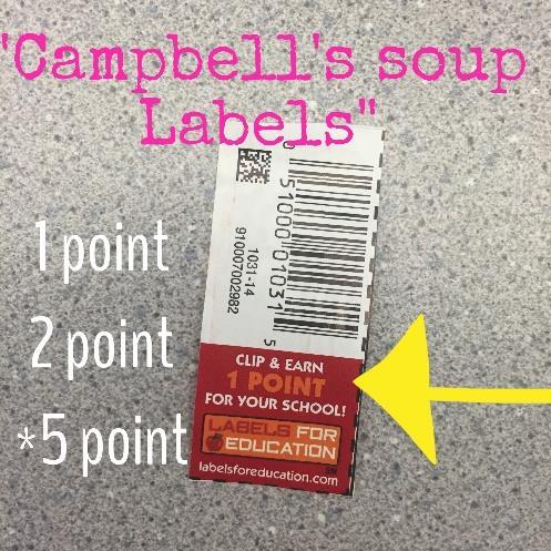 org Box tops, Cambells Soup Labels, & Tyson labels This is a wonderful way to help our school from home!