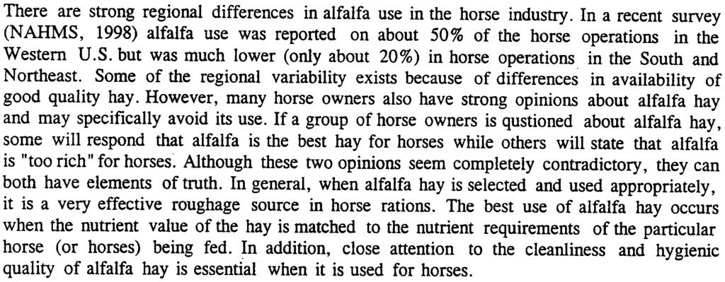 The nutrient composition of alfalfa will vary with the maturity of the plant at the time of harvest and this will affect the suitability of the hay for feeding various classes of horses.