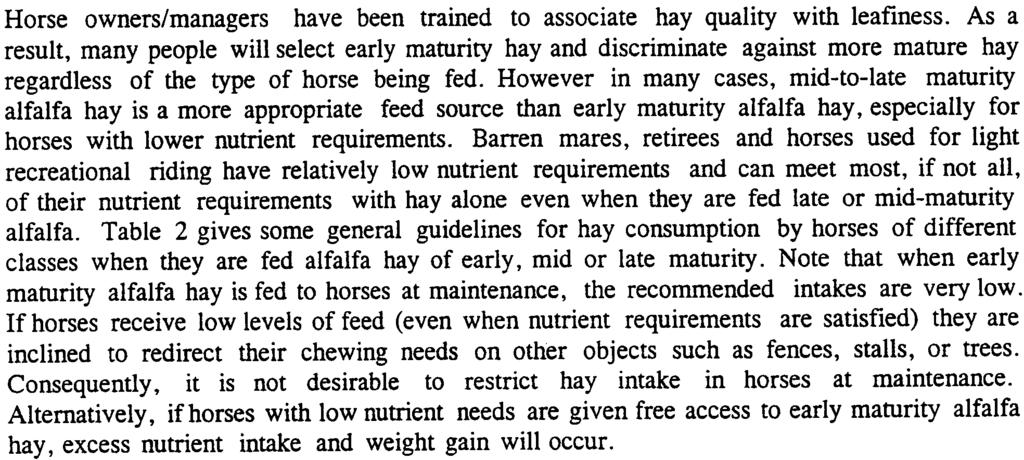 note that when early maturity alfalfa hay is fed to horses at maintenance, the recommended intakes are very low.