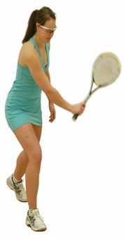 The racquet head continues to travel toward the front wall At the end of the swing, the elbow is bent, the wrist