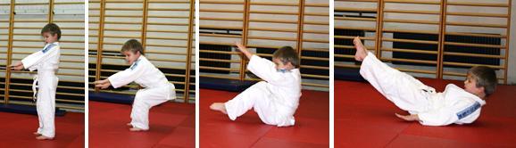 3.10.4.3. Padci, ki jih učimo v judo vrtcu PADEC NAZAJ USHIRO UKEMI Padec nazaj izvajamo stoje. Roki sta iztegnjeni v predročenju.