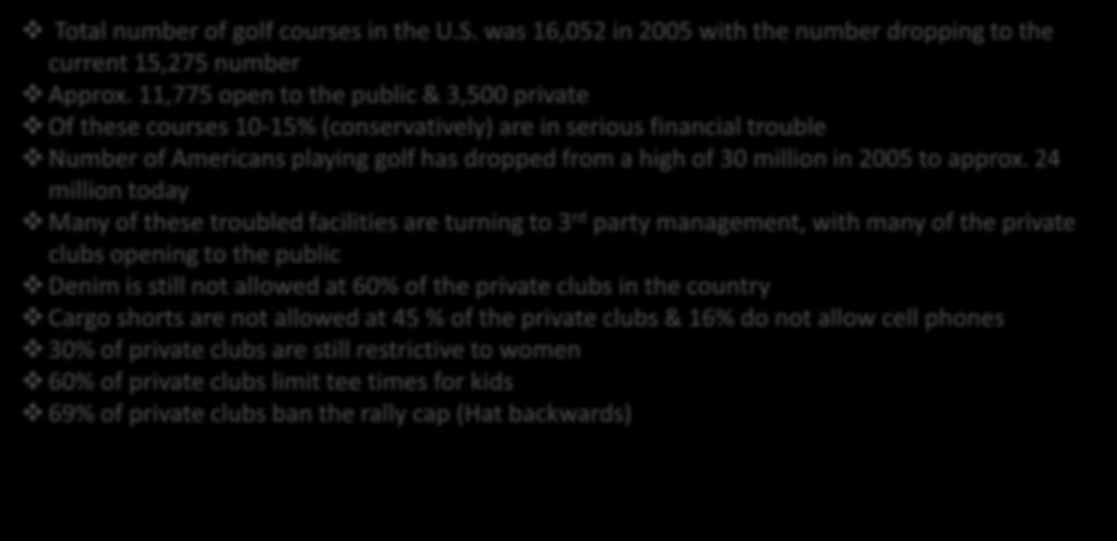 Let s Set the Stage Total number of golf courses in the U.S. was 16,052 in 2005 with the number dropping to the current 15,275 number Approx.