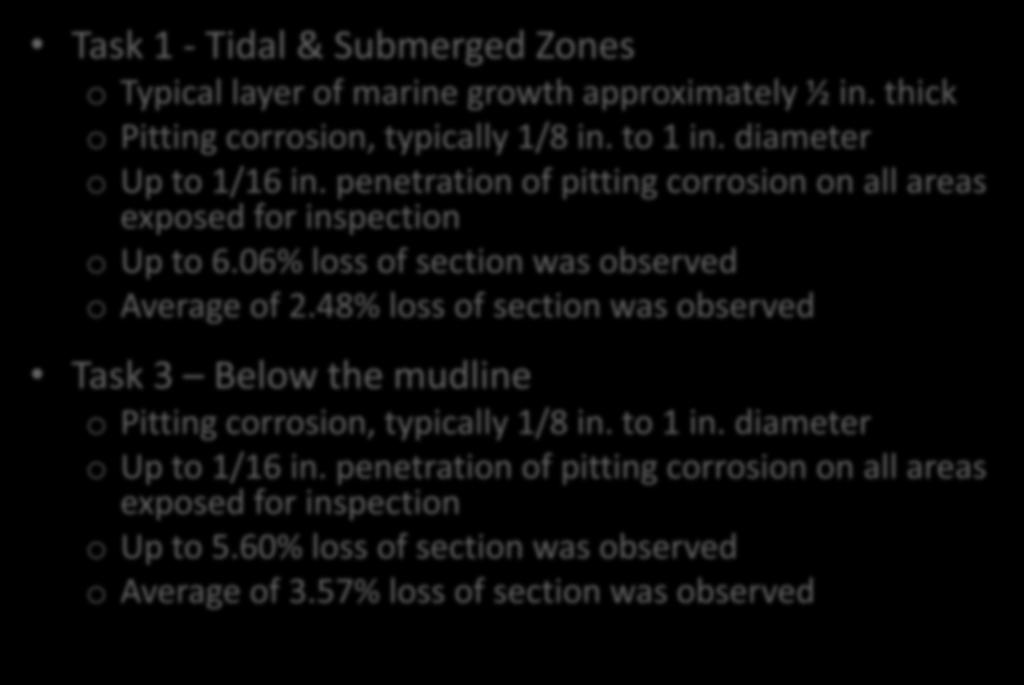 Major Findings of Tasks 1 and 3 Task 1 - Tidal & Submerged Zones o Typical layer of marine growth approximately ½ in. thick o Pitting corrosion, typically 1/8 in. to 1 in. diameter o Up to 1/16 in.