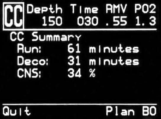 The final result screen shows the total dive time, the time spent on deco and final CNS%. Results Summary Screen If no decompression is required, no table will be shown.