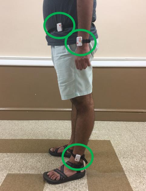 Figure 2.3: A participant wearing the three Shimmer3 devices, one each on the wrist, hip, and ankle. produce a different accelerometer signal, as each moves in a different way while walking.