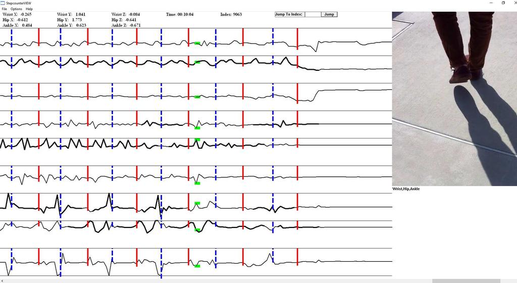 Wrist X Wrist Y Wrist Z Hip X Hip Y Hip Z Ankle X Ankle Y Ankle Z Figure 2.18: The tool developed for visualizing the accelerometer data and identifying ground truth steps.
