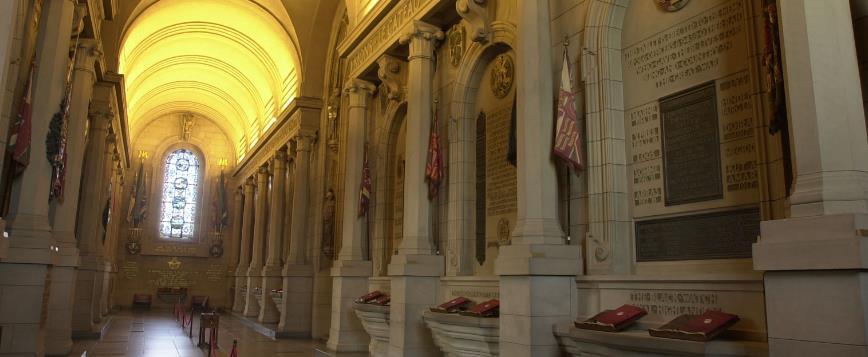 The north side of the Hall of Honour is divided by columns into bays, each dedicated to a different regiment and enhanced with battle