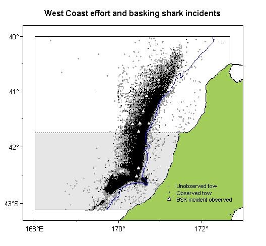 Figure 12: Plot of start positions of unobserved tows, observed tows, and observed basking shark