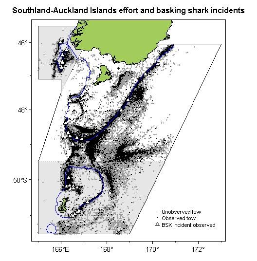 Figure 17: Plot of start positions of all unobserved tows, observed tows, and observed basking shark incidents for