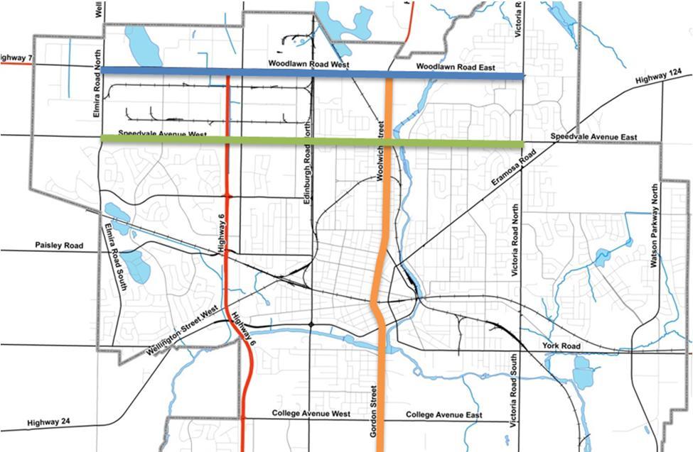 Rapid Transit Corridors Being Considered for Guelph Gordon / Norfolk / Woolwich (Woodlawn to City