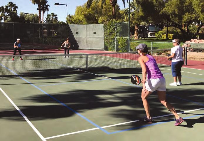 Doubles are popular in pickleball, and male and female players can compete equally (left).