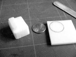 8- by 1.2-inch (2- by 3-centimeter) pieces of Styrofoam together and then adding a.4- by 1.2-inch (1- by 3-centimeter) piece on top.