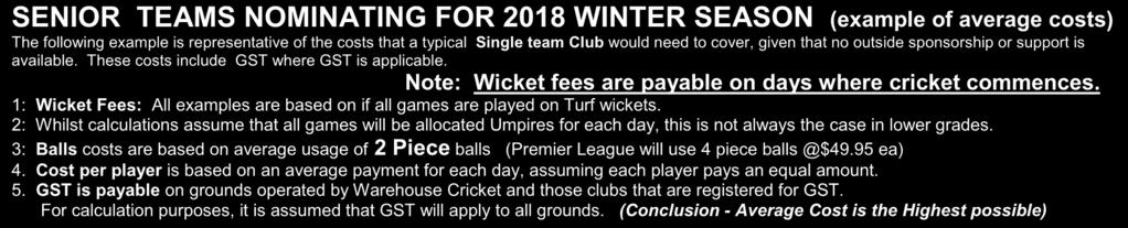 SENIOR TEAMS NOMINATING FOR 2018 WINTER SEASON (example of average costs) The following example is representative of the costs that a typical Single team Club would need to cover, given that no