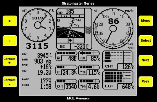 The main display a detailed look Altimeter Local pressur AHRS Airspeed Digital altimeter VSI Information section Fuel range and endurance Engine monitor The above display is active whenever you are