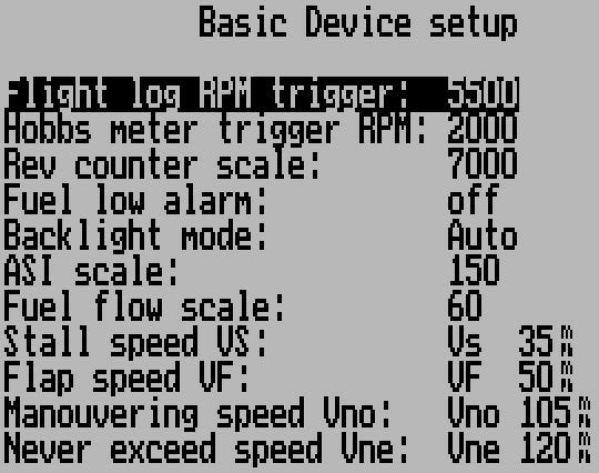 The basic device setup menu Flight log RPM Trigger (Take-off RPM) This is the rev limit to use for automatic take-off detection. Take-off detection is relevant for the automatic logbook.