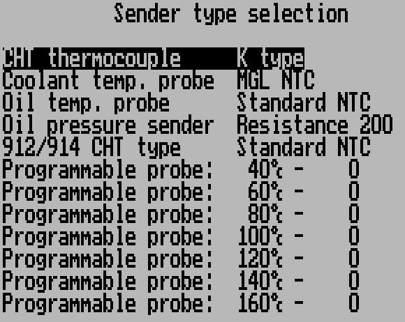 Sender type selection The sender type selection menu is used to select the kind of senders you have connected. CHT Thermocouple CHT senders supplied by MGL Avionics are K-types.