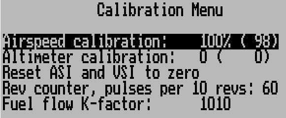 Calibration Menu Airspeed calibration This function is used to calibrate the airspeed reading. It works in % relative to a nominal value.