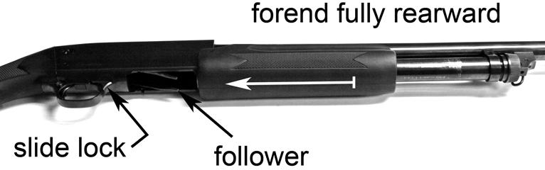 When the forend is in the fully forward position (bolt closed), it is locked and can only be released by either pulling the trigger or depressing the SLIDE LOCK (see FIGURE 3 and FIGURE 4).