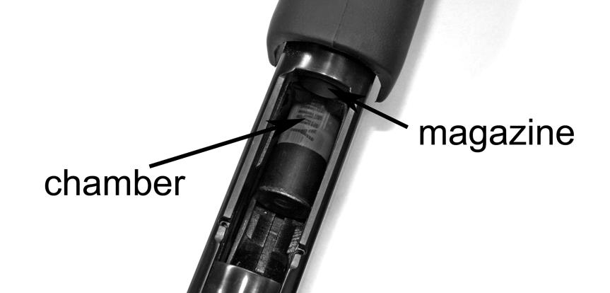 1. Place the safety button in the FULL SAFE position by pushing it all the way to the right (see FIGURE 1). 2. Pull the forend rearward, opening the bolt and exposing the chamber.