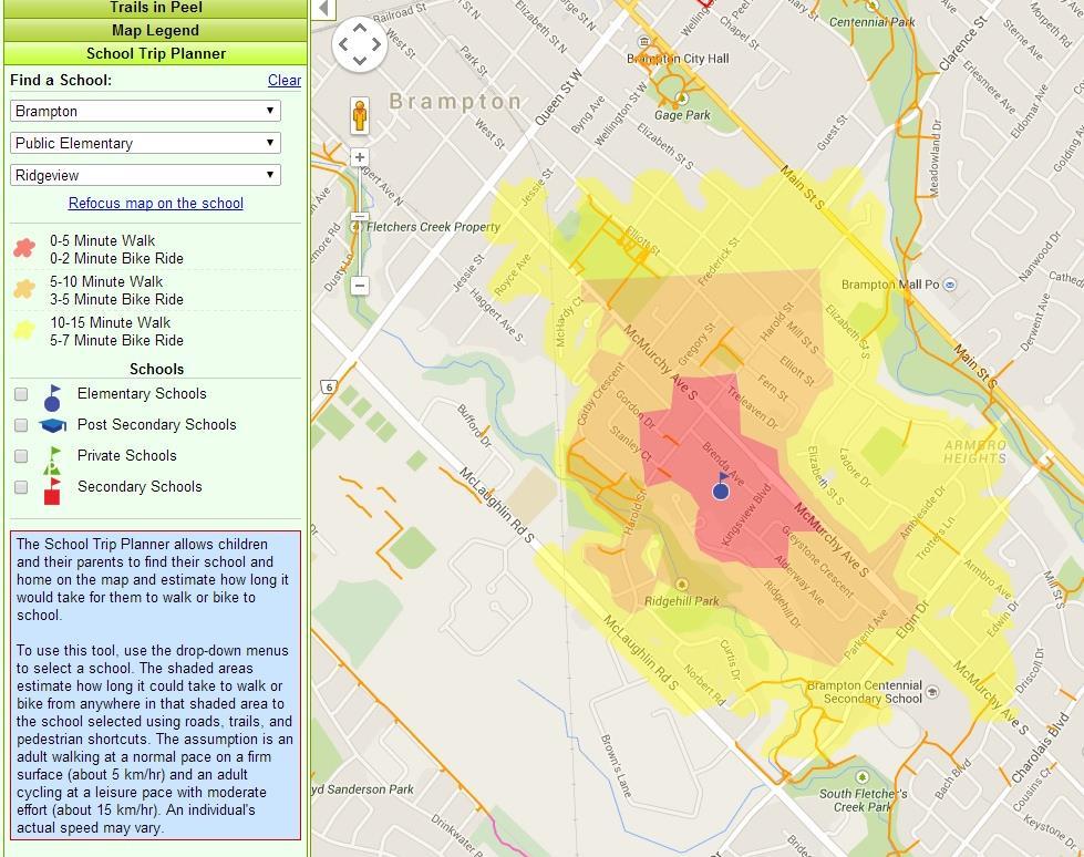 Figure 4: School Trip Planner Tool on the Walk + Roll Peel Website Additionally, in order to extend the reach of the Walk + Roll Peel online trails map, the Region also supported Sheridan College
