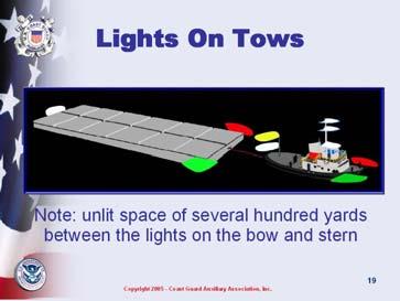 Emphasize that there may be many yards between the vessel towing and being towed and the danger of crossing between the two.