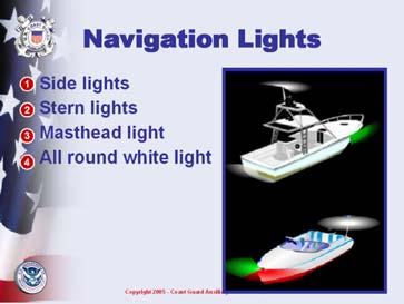 Before animating slide: Ask: Why do boats have lights? To identify the type of boat To identify which boat is stand on and give way.
