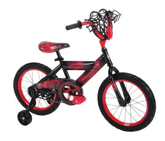 16 Bicycles - Ages 3 and up 20 Bicycles - Ages 5 and up MARVEL SPIDER-MAN 16 Boys Bicycle COLOR: Black FRAME: Steel straight Y RIMS: 20-spoke steel, red EXTRAS: Spider-Man WebTrap includes 4 clips