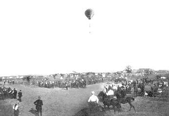 Composite of three photos depicting a horse race and a hot-air balloon at a fair in Ashland.
