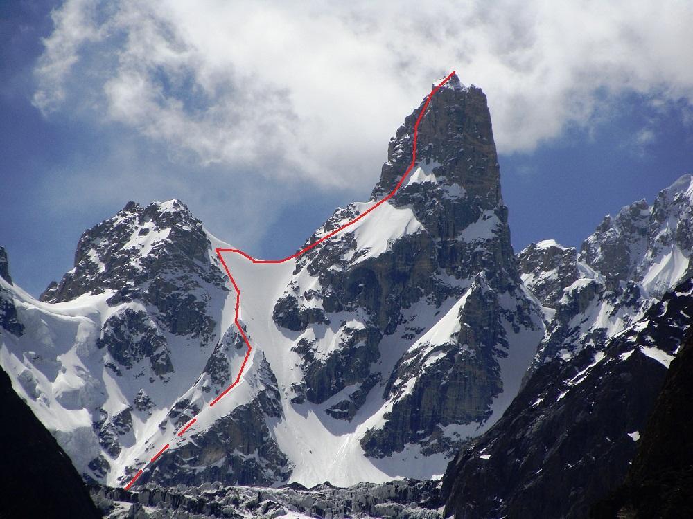 Our planned route on Gulmit Tower follows the line climbed by the Poles in 2008, up the east face and